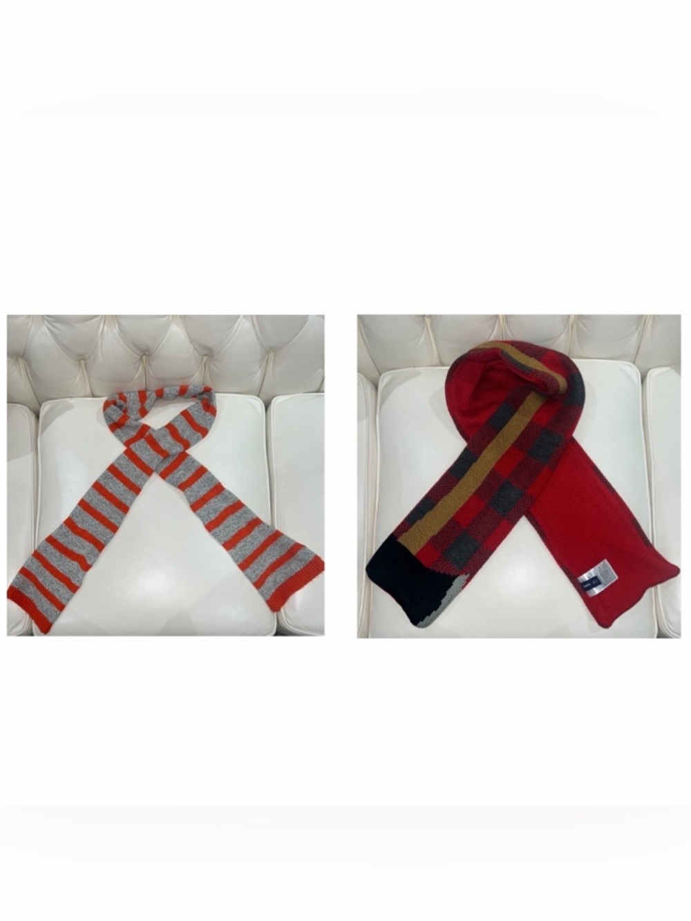 GAP Gray Knit Scarf with Bright Orange Stripes & Red/Black Plaid Scarf